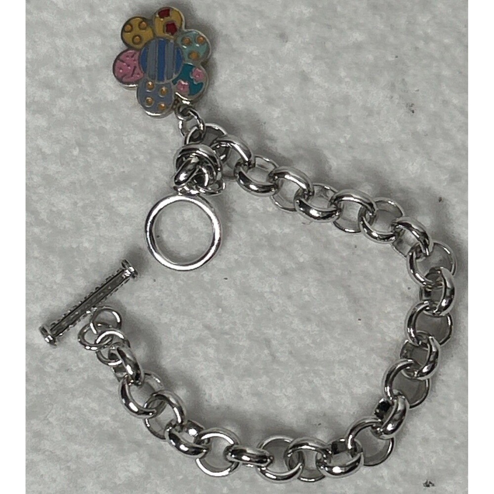 Romero Britto Sterling Silver Enamel Flower Charm On 925 Link Bracelet Art Basel